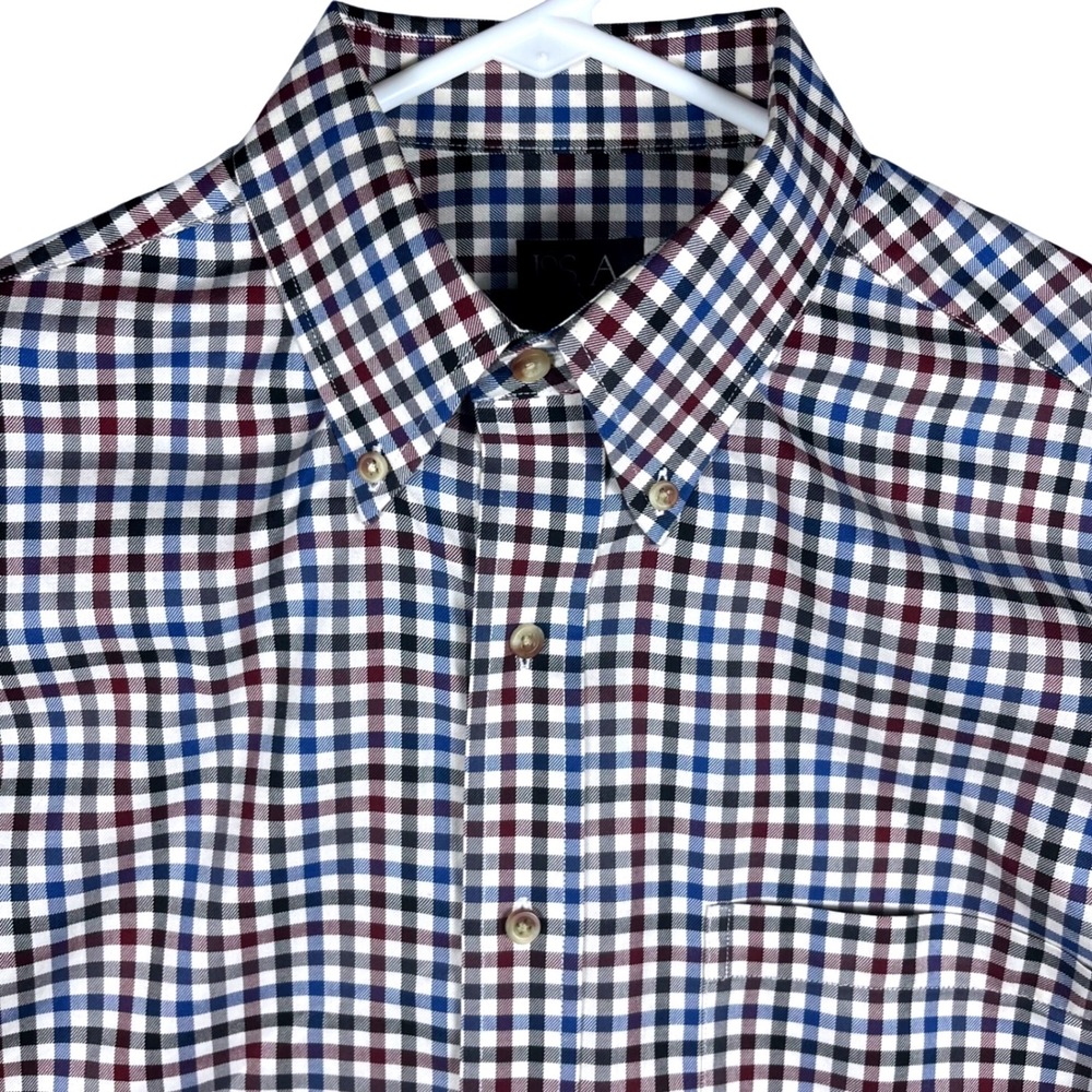 Jos. A. Bank Travelers Button Down Shirt Mens M Blue Burgundy Gingham Check